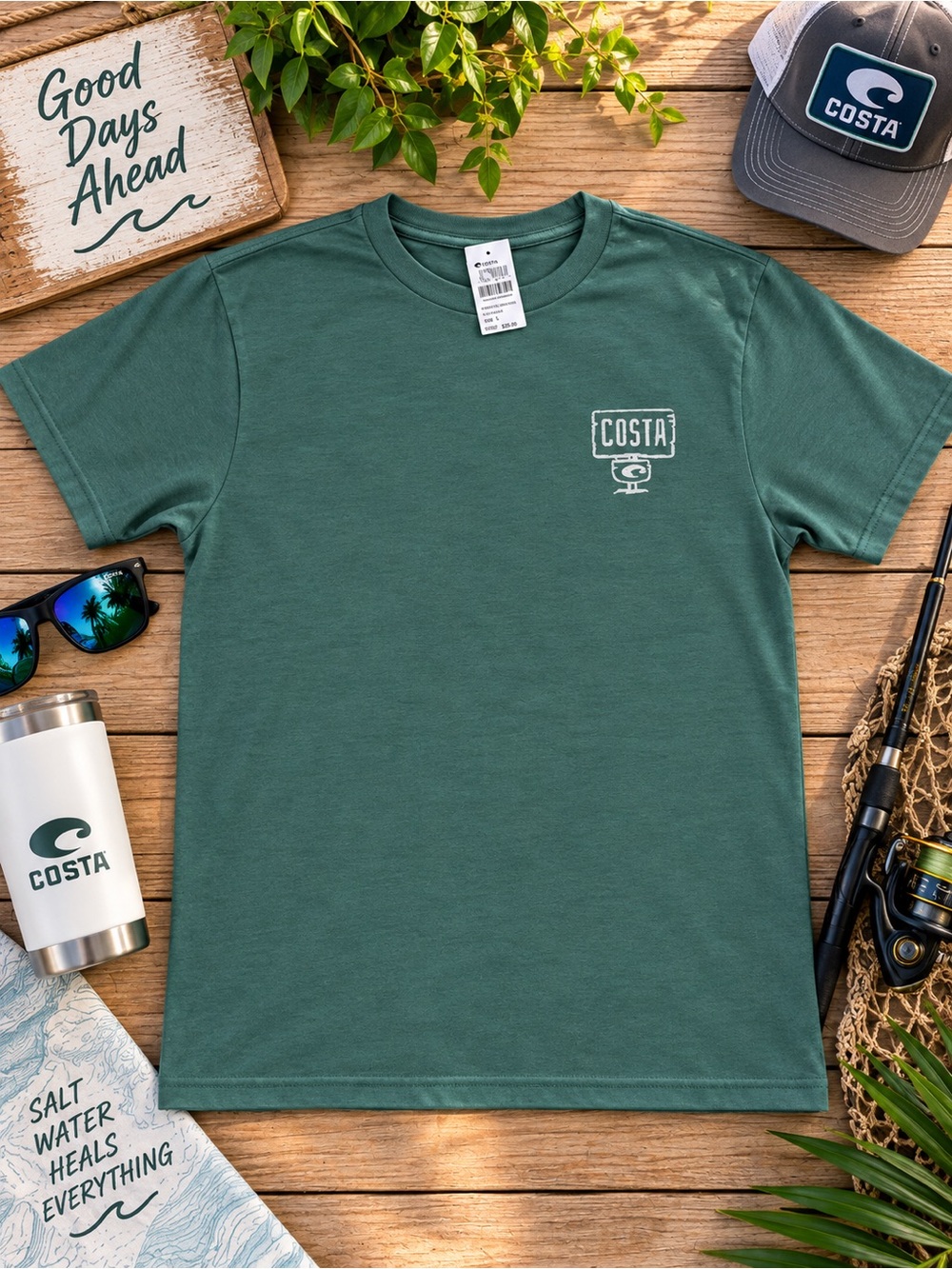 Costa Men's Short Sleeve Tee in Forest Green Chest Logo